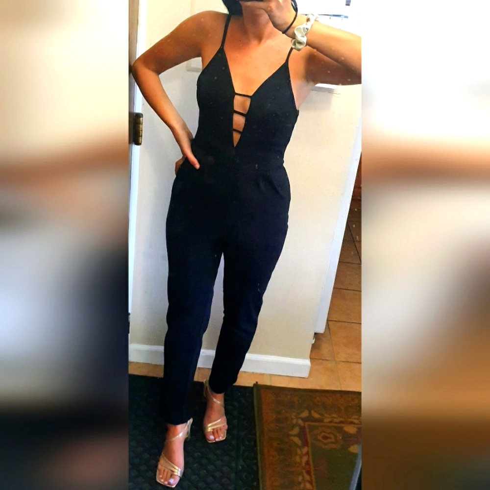 French Atmosphere Deep V Cut Out Black Jumpsuit